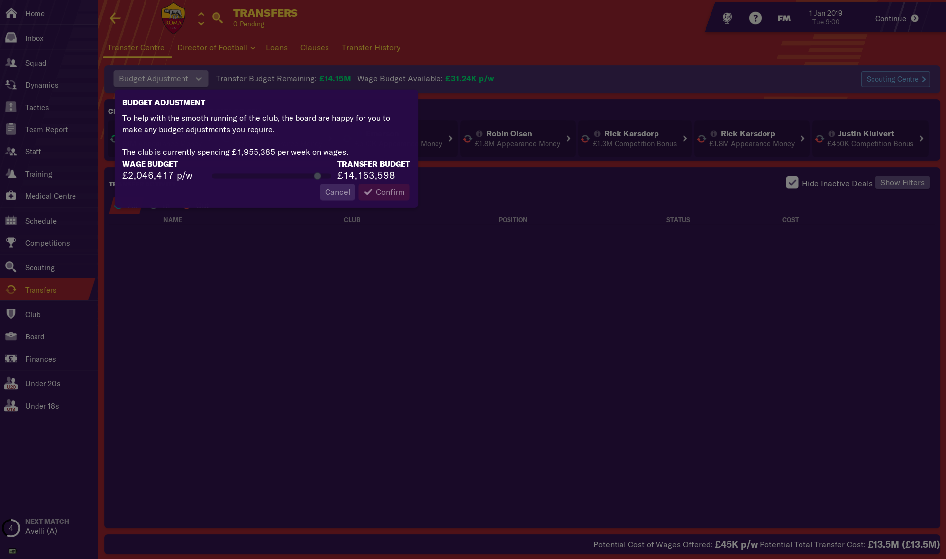 A transfer screen in Football Manager 2019