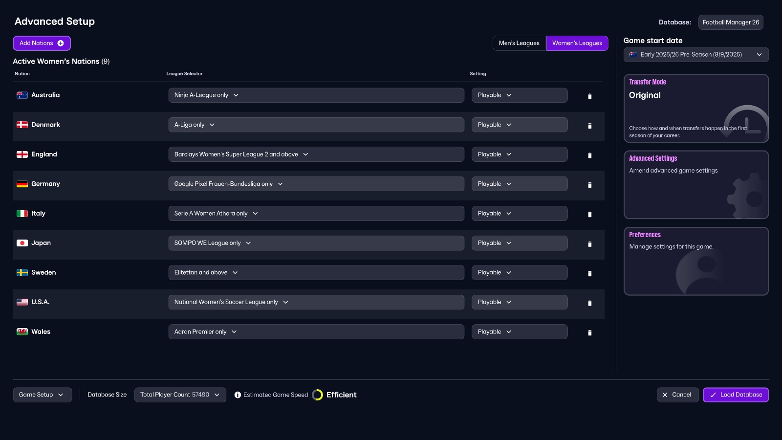 FM26 Women's League Selection