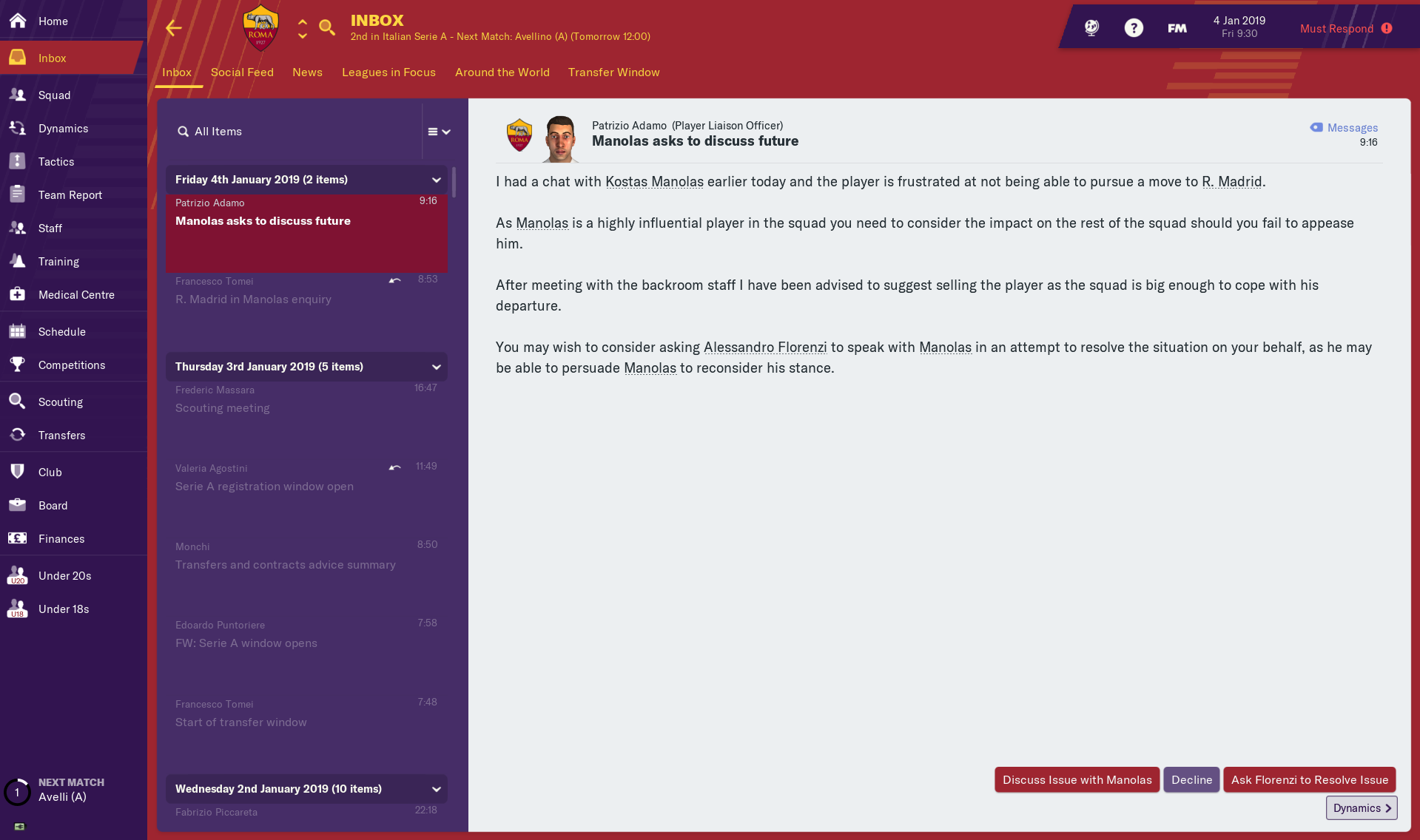 A news item in Football Manager 2019