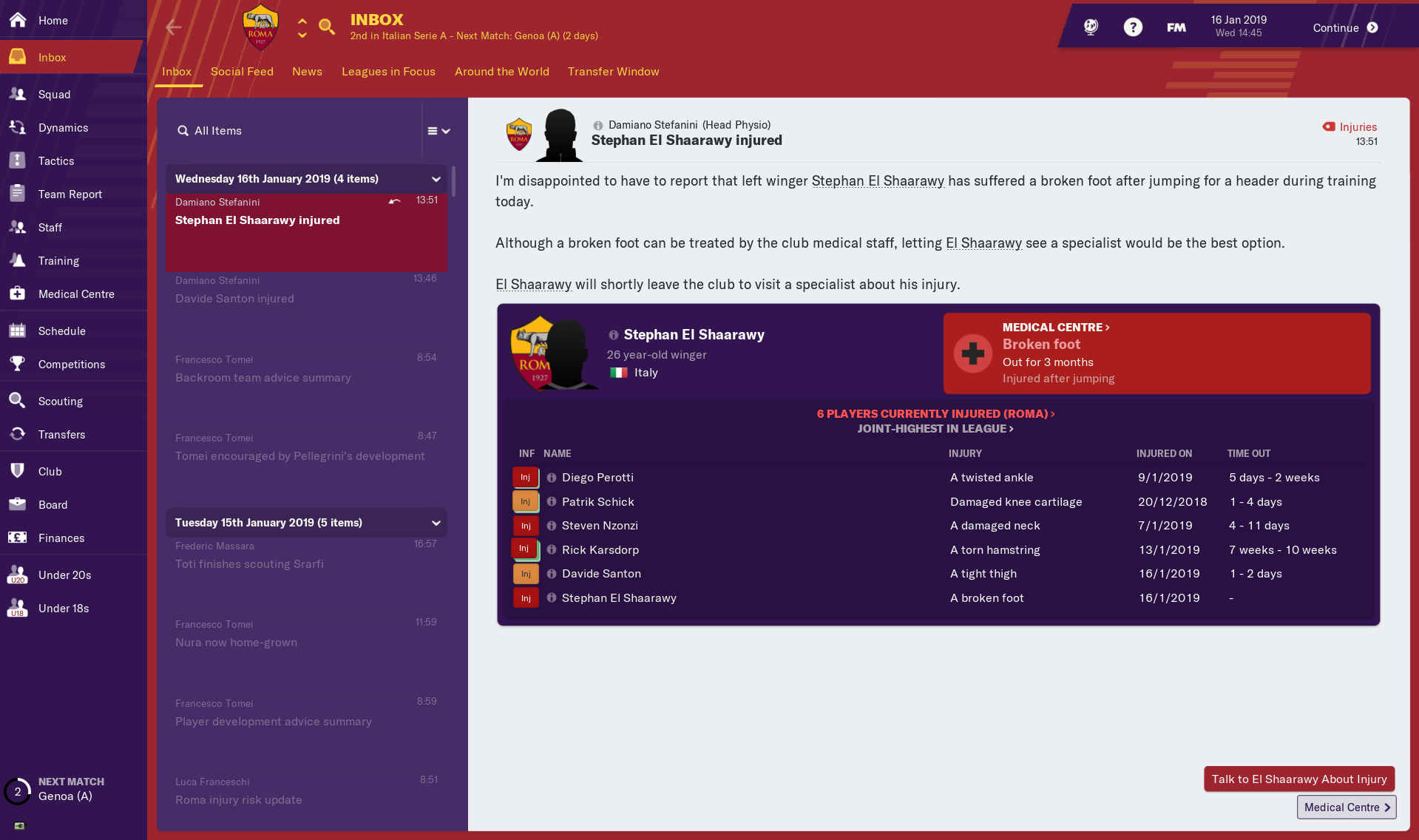 An injury news item on Football Manager 2019