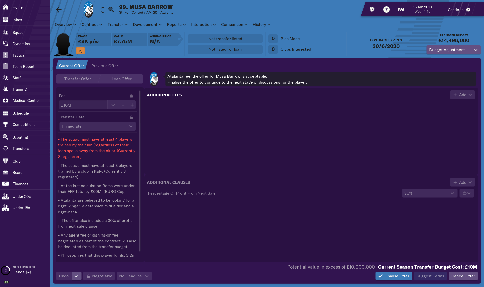 A transfer offer screen in Football Manager 2019