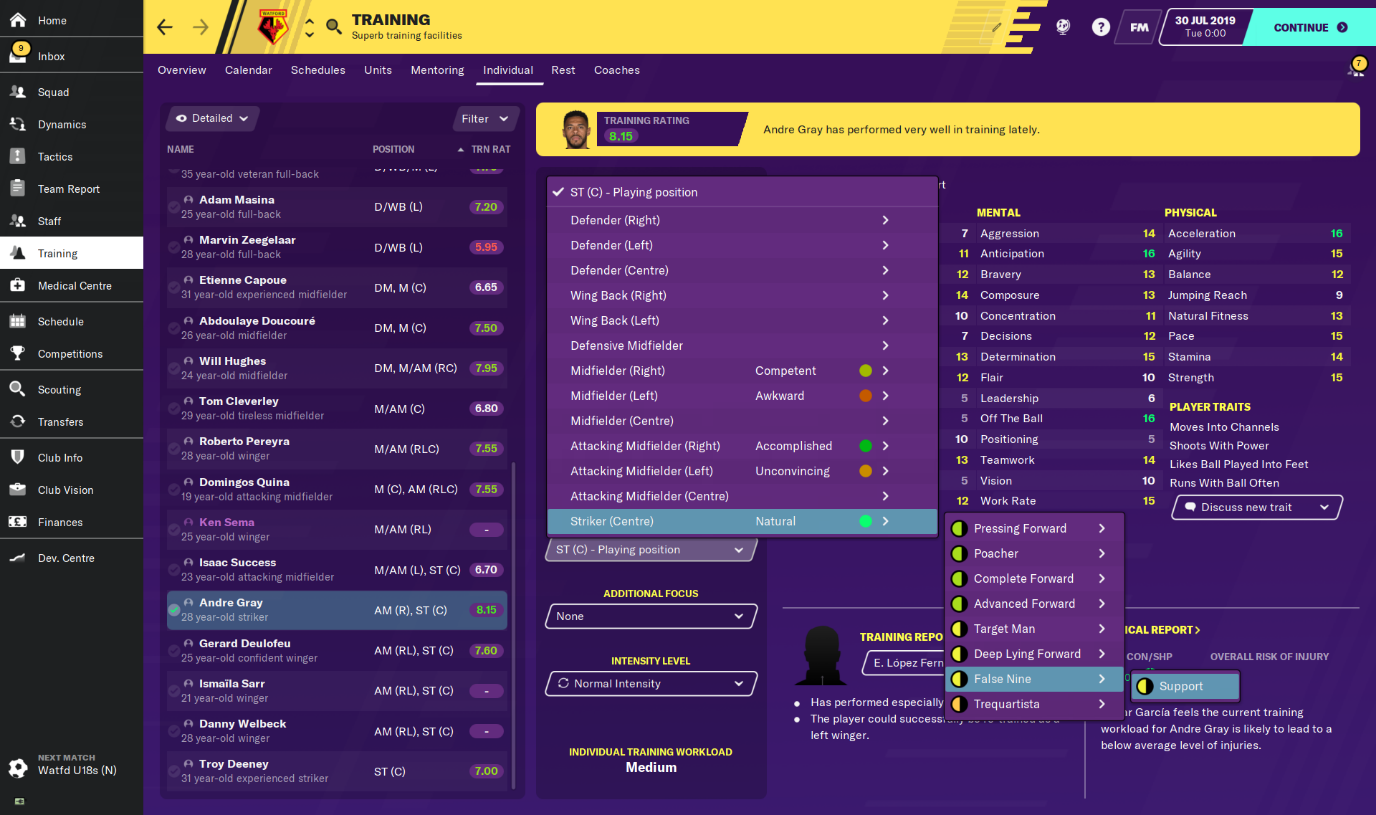 A training screen in Football Manager 2020