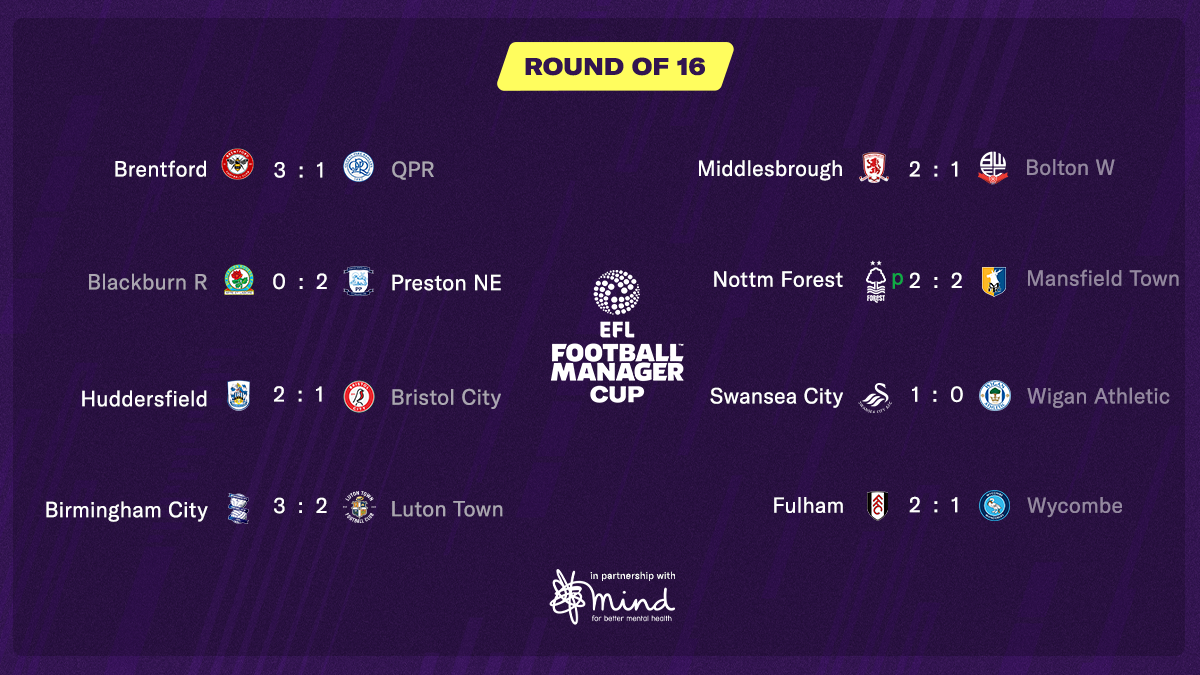 The results from the round of 16 in the EFL FM Cup
