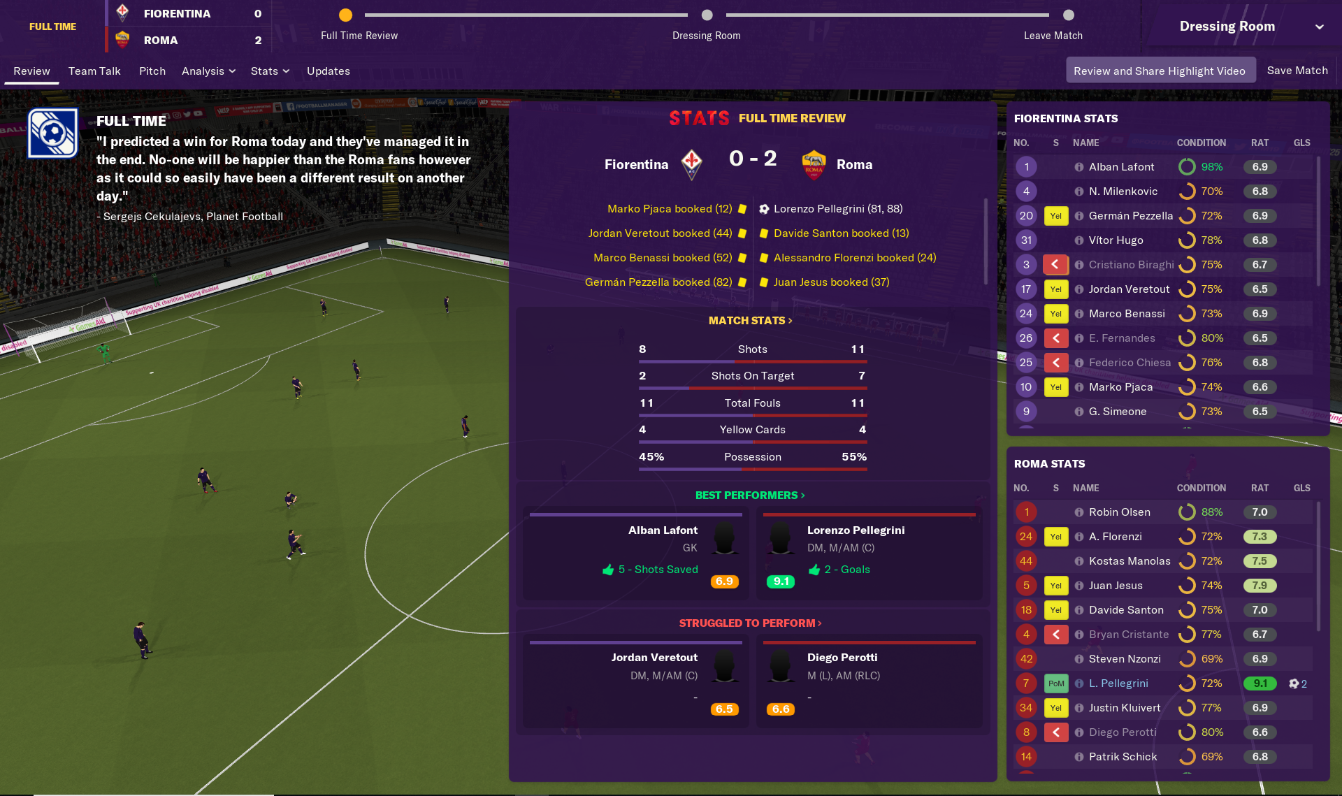 A post-match screen in Football Manager 2019