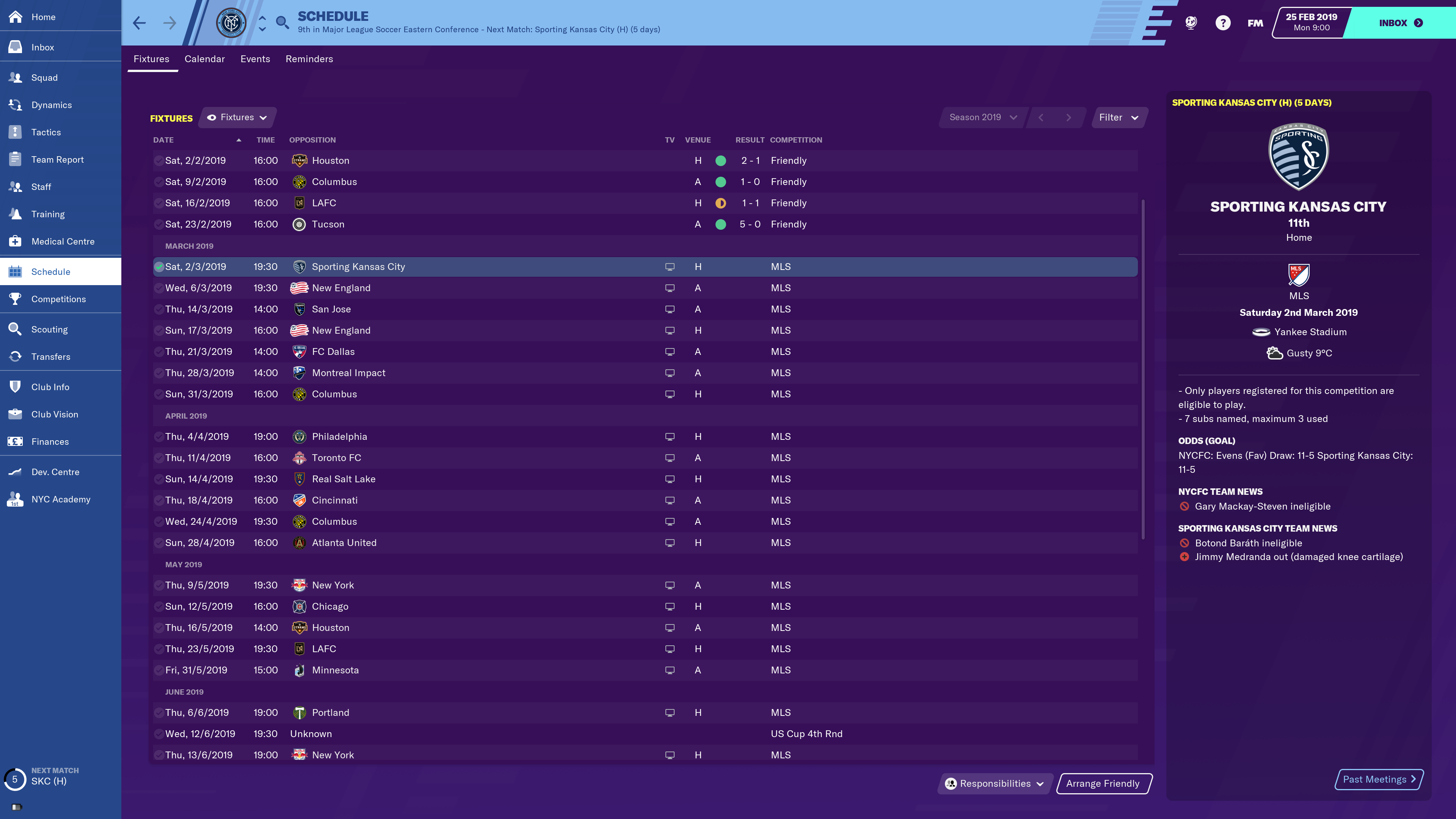 New York City FC's Fixtures in Football Manager 2020