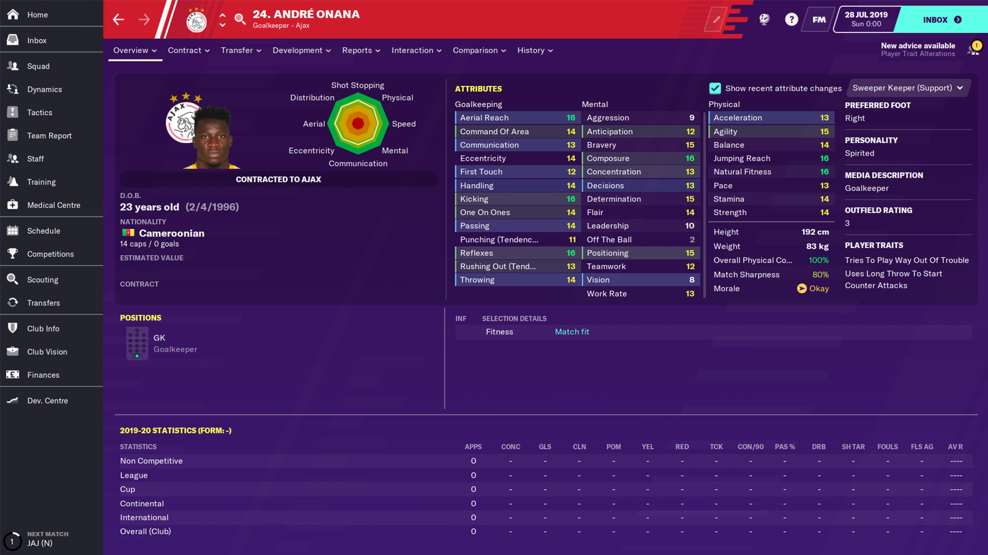 Andre Onana's profile in Football Manager 2020