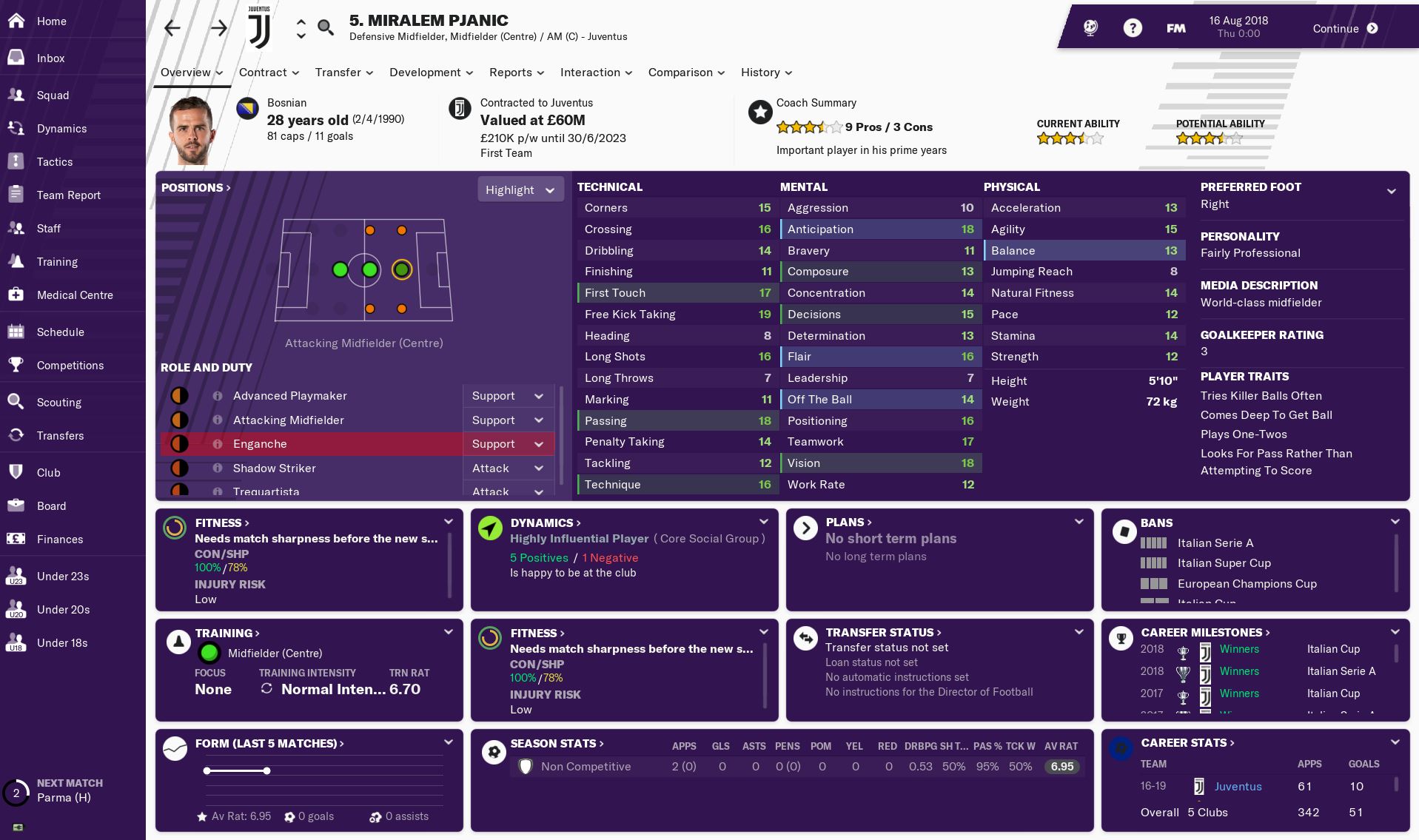 Miralem Pjanic's profile in Football Manager 2019
