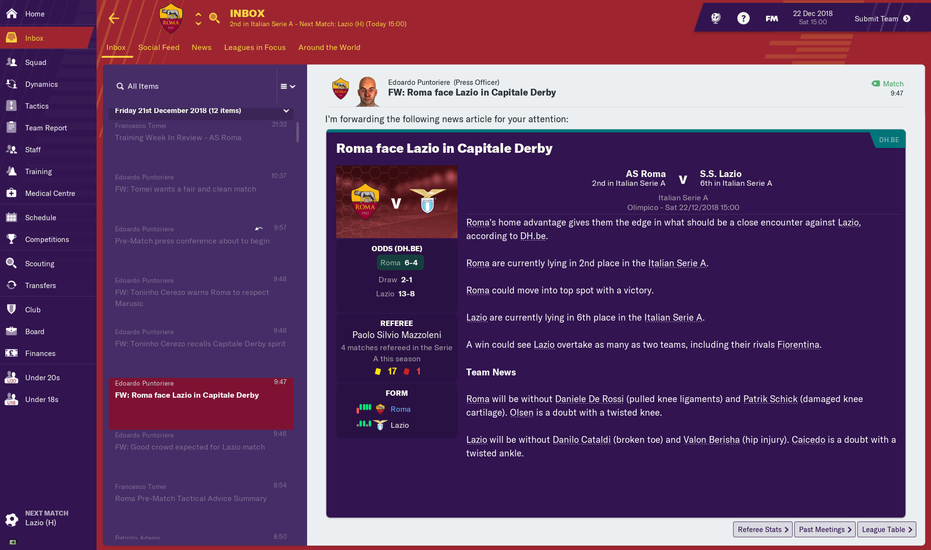 A match preview in Football Manager 2019