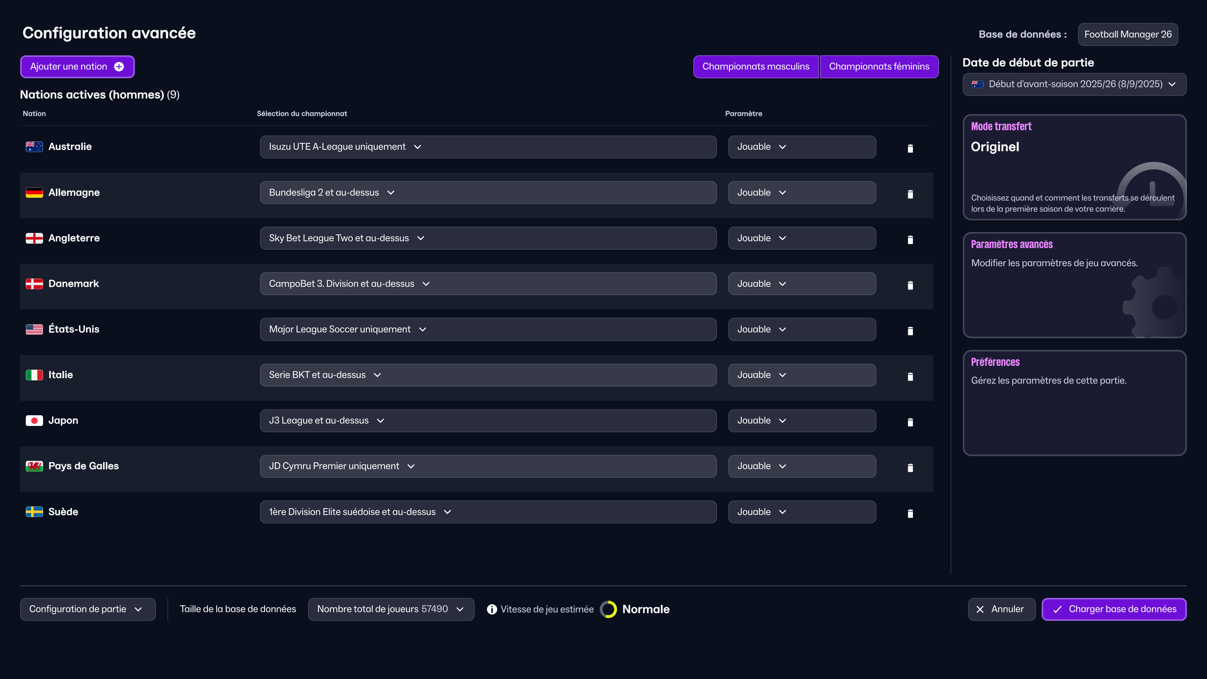 FM26 Women's Football Advanced Setup Screen