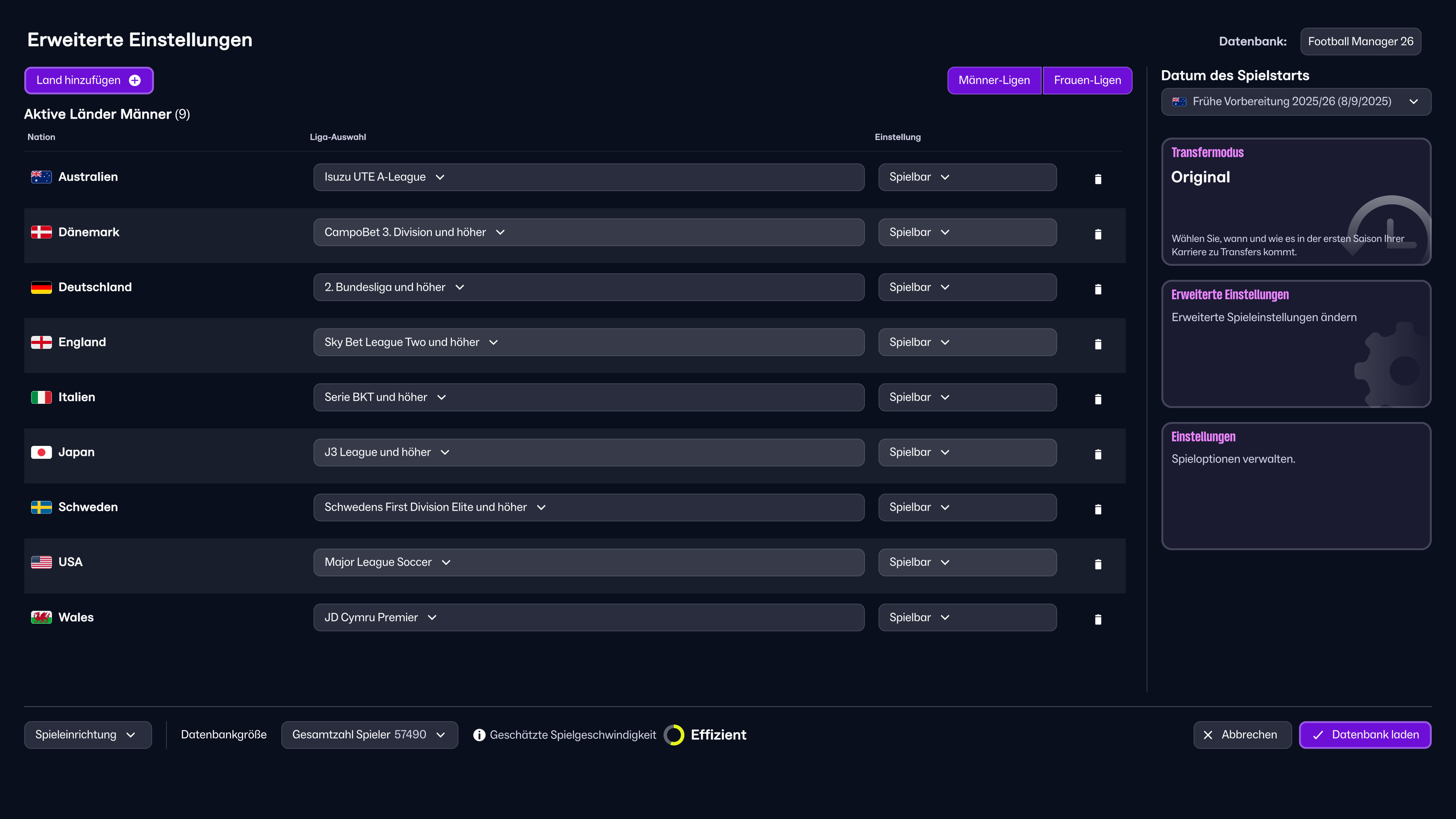 FM26 Women's Football Advanced Setup Screen