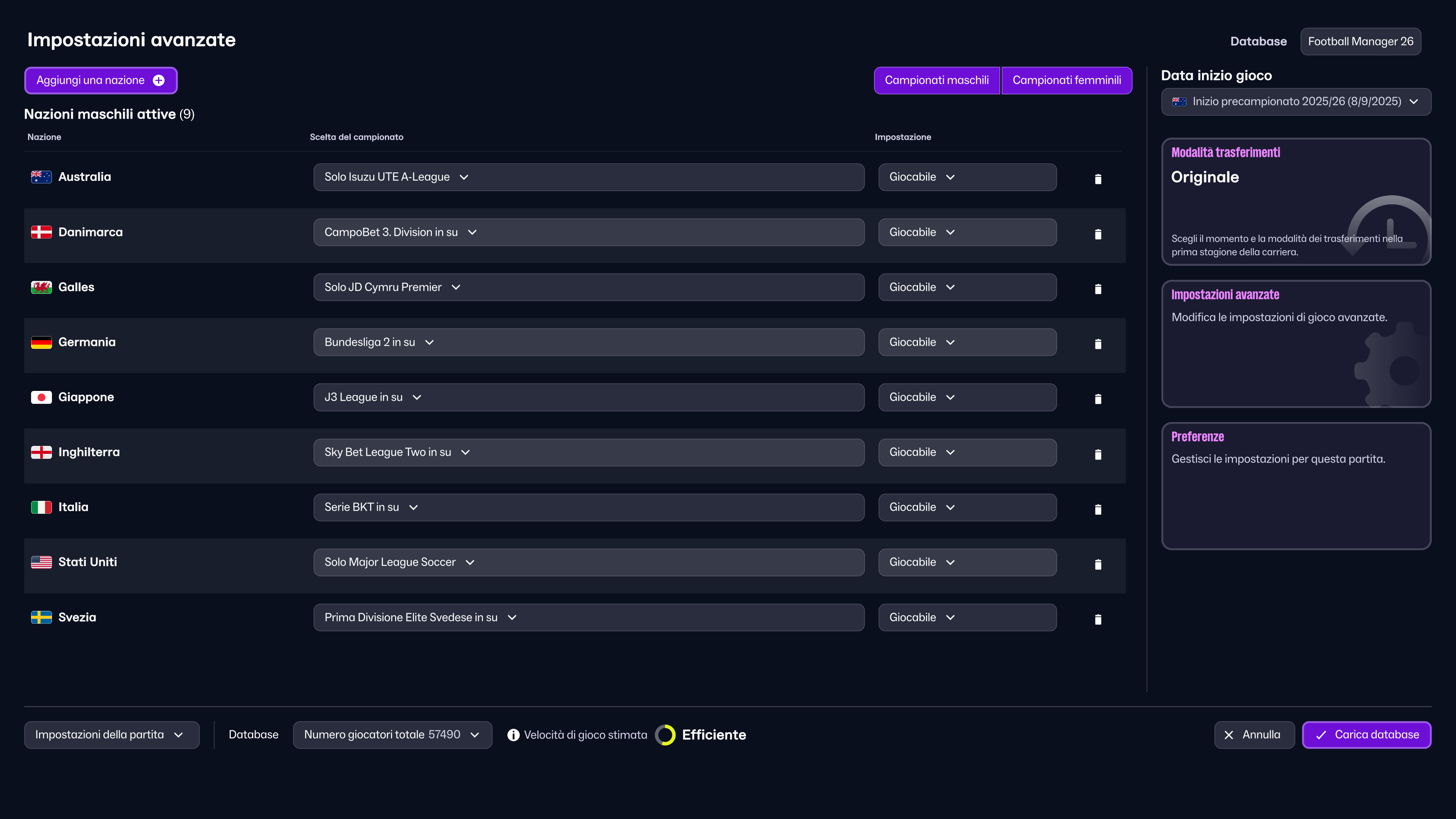 FM26 Women's Football Advanced Setup Screen