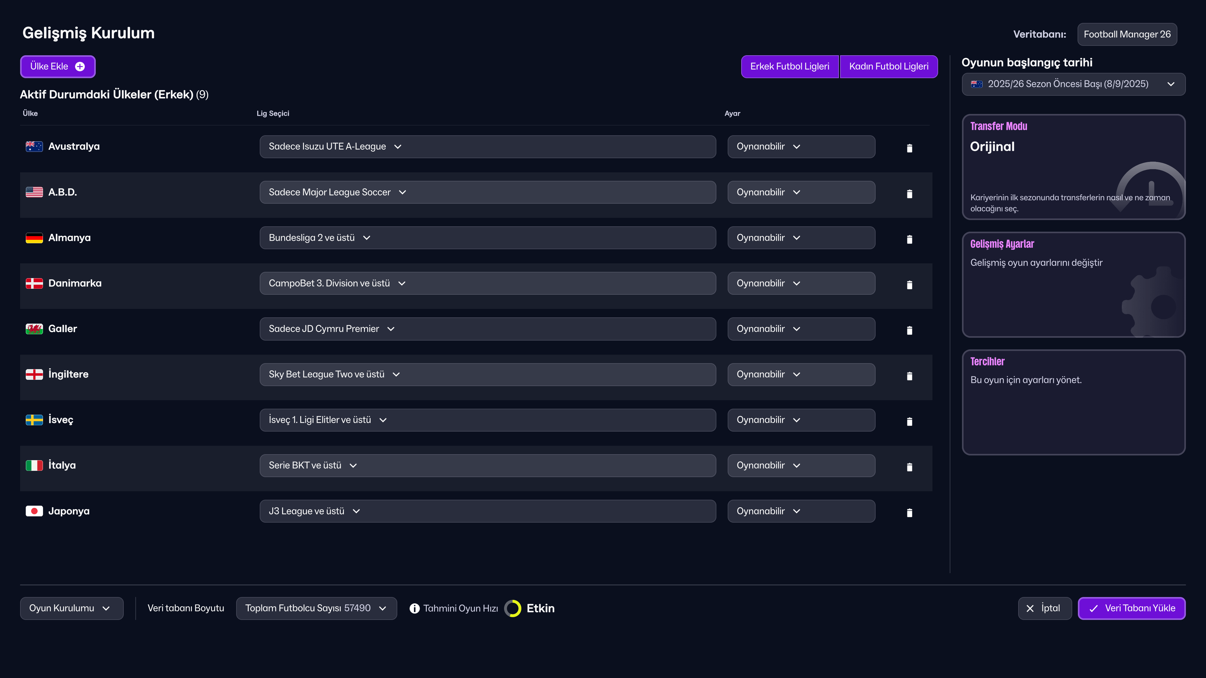 FM26 Women's Football Advanced Setup Screen