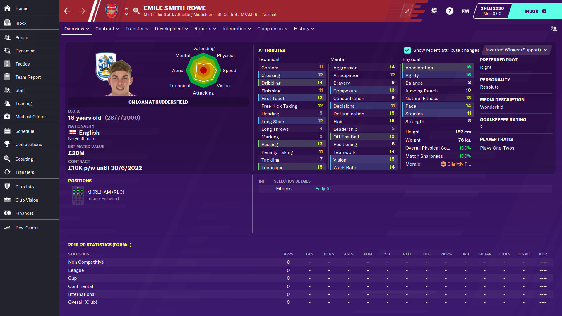 Emile Smith-Rowe's profile in Football Manager 2020
