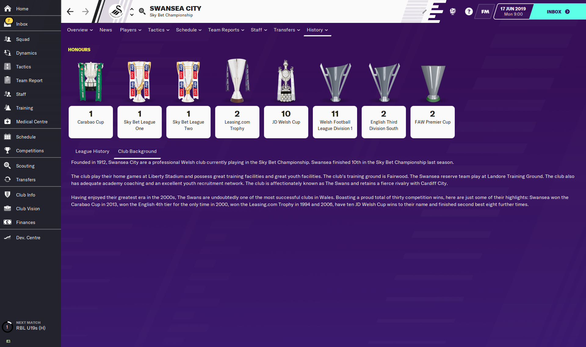 A screenshot of Swansea City in Football Manager 2020