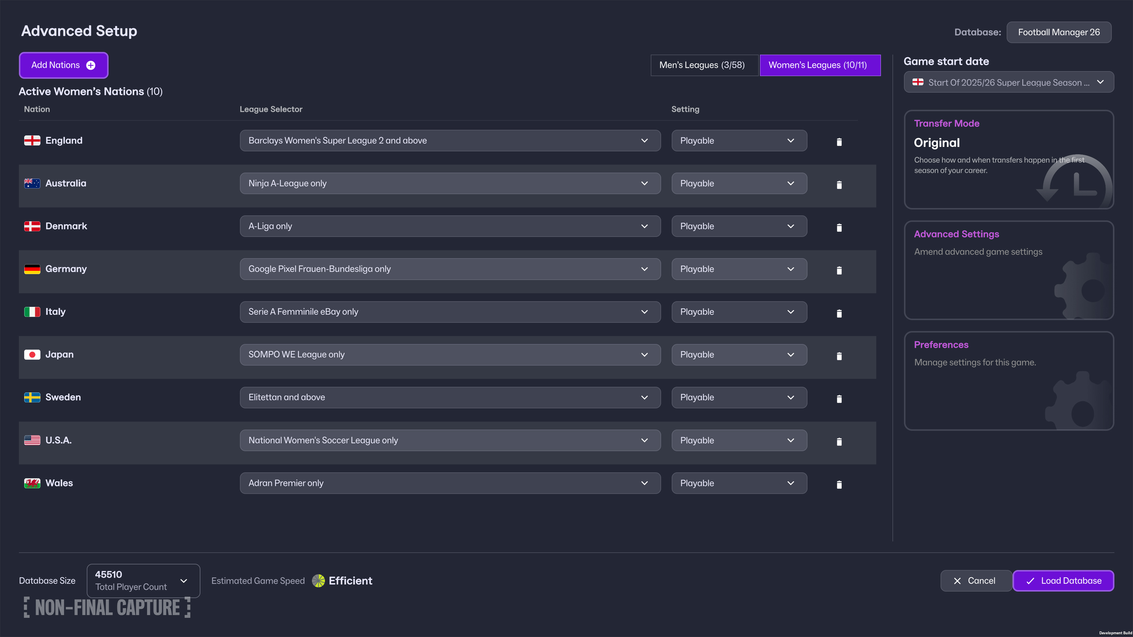 FM26 Women's Football Advanced Setup Screen