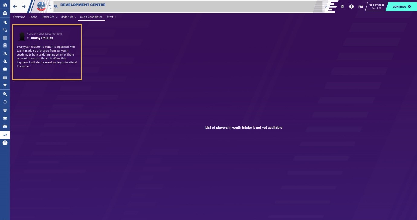 A blank youth intake screen in FM20