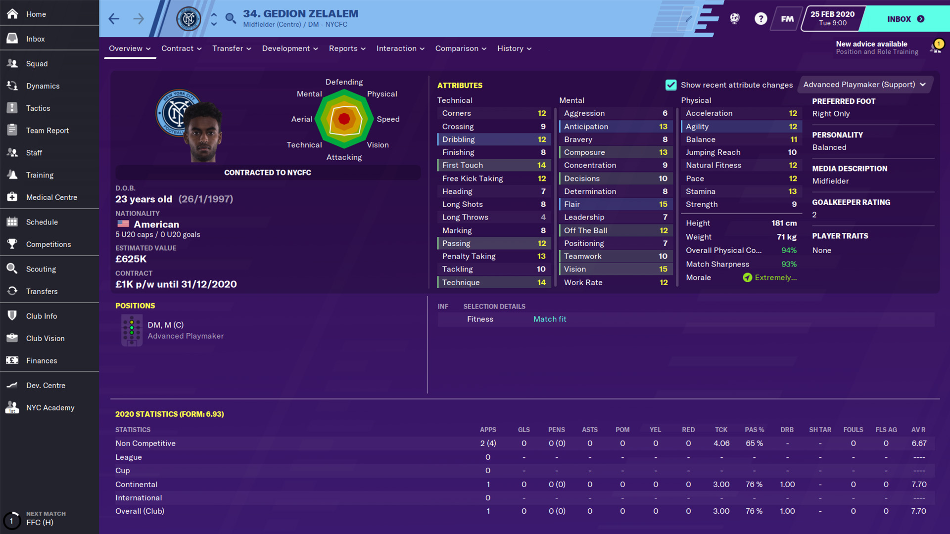 A screenshot of Gedion Zelalem's profile in Football Manager 2020